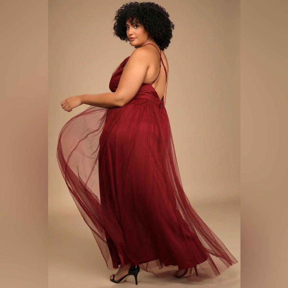Lulu's Burgundy Rare Beauty Burgundy Tulle Backless Maxi Dress 1X - Picture 5 of 14
